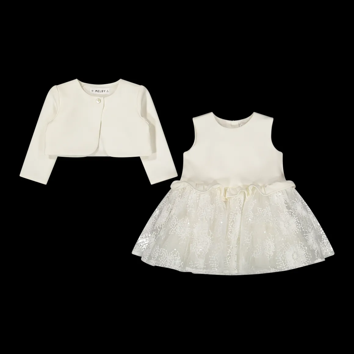 Abito con giacchina abbinata da bambina in punto Milano e tulle ricamato