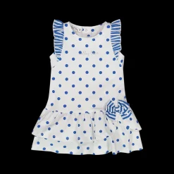 Abito da bambina in jersey stretch bianco stampato a pois