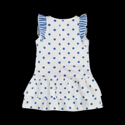 Abito da bambina in jersey stretch bianco stampato a pois