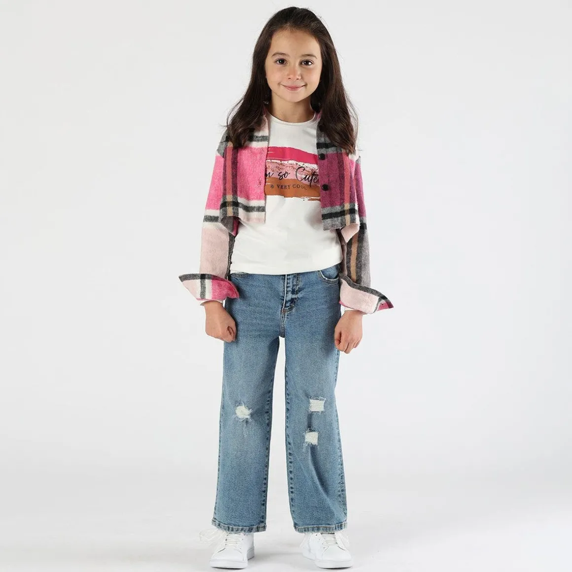 Camicia cropped a quadri bambina