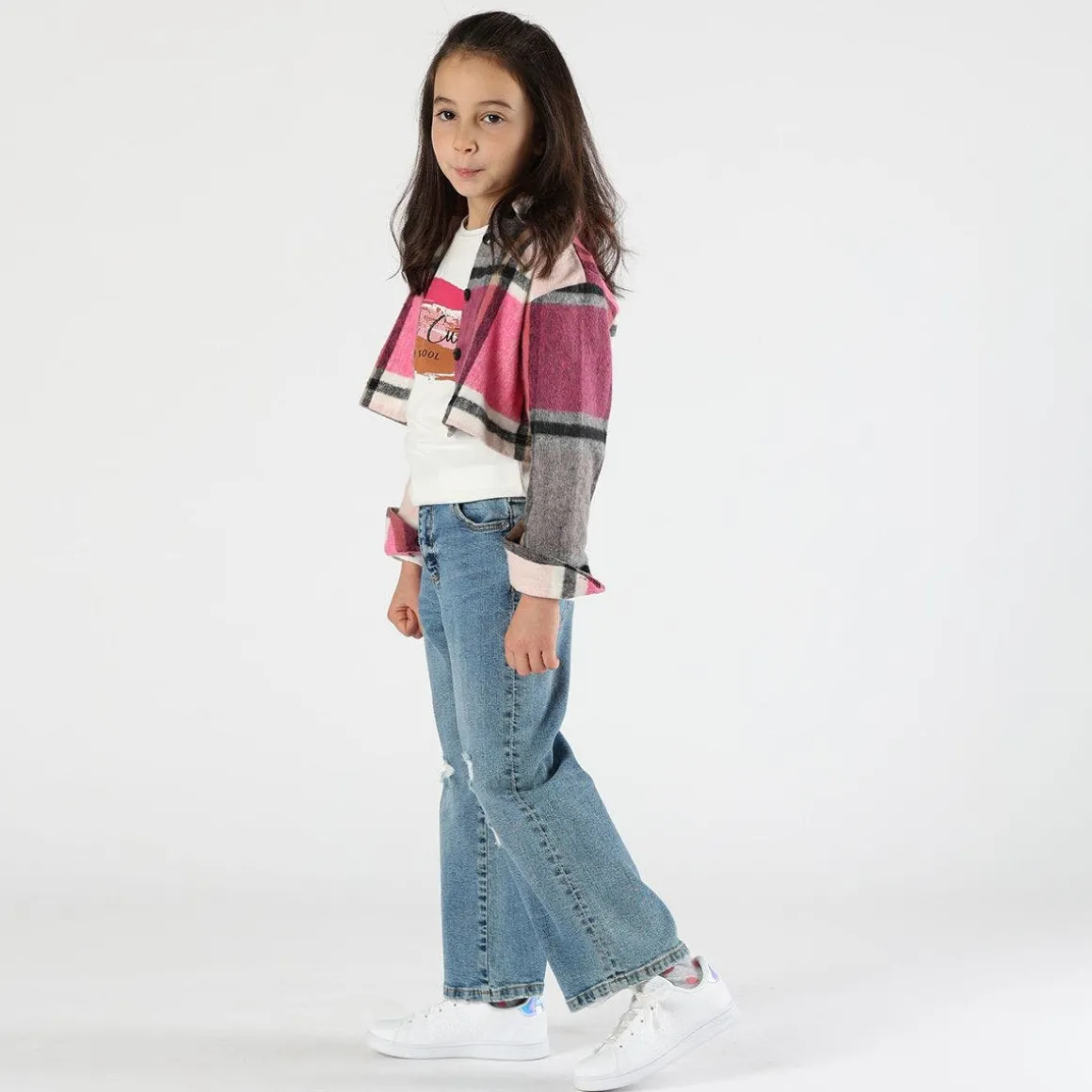 Camicia cropped a quadri bambina