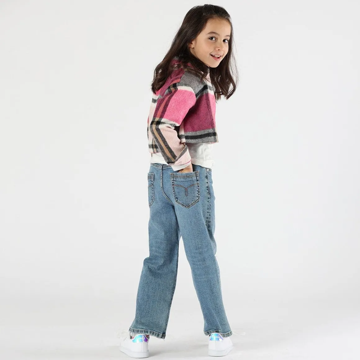 Camicia cropped a quadri bambina