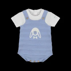 Completo 2 pezzi salopette corta in tricot + t-shirt in jersey per neonato