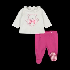 Completo due pezzi in jersey bianco e fucsia da neonata
