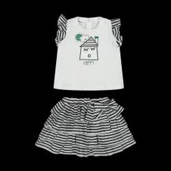 Completo due pezzi t-shirt in jersey elasticizzato e gonna tessuto rigato bambina