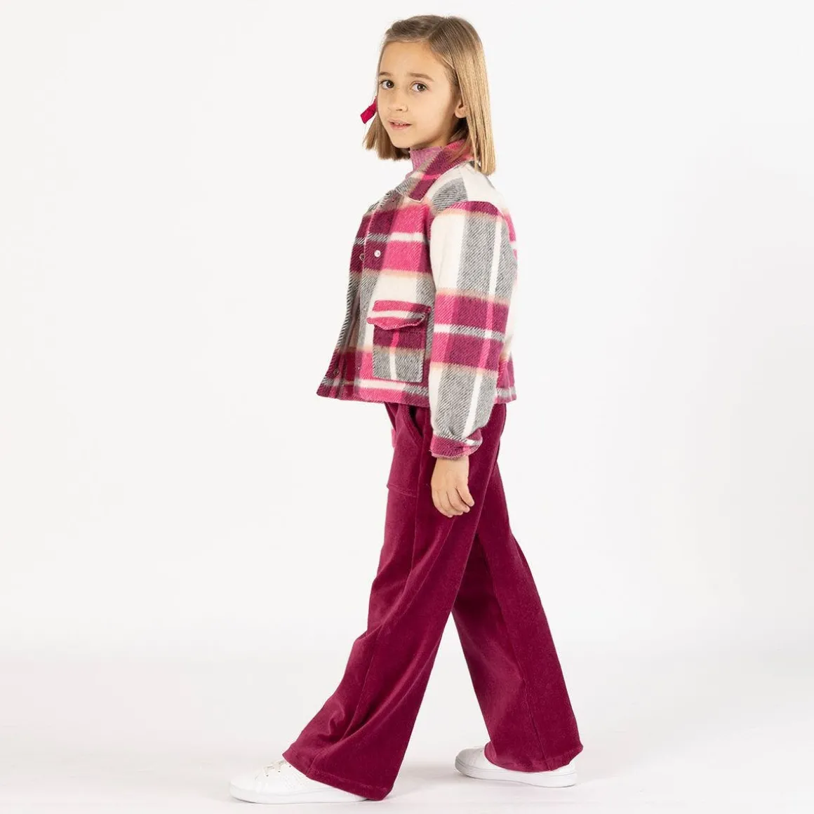 Giacca cropped a quadri per bambina