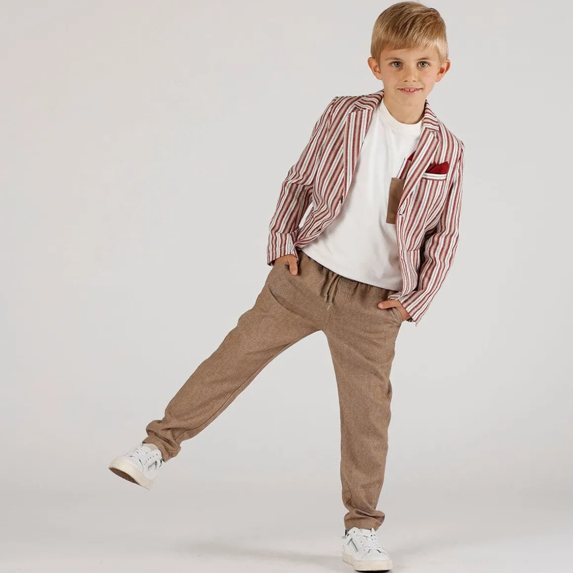 Giacca rigata bambino beige bordeaux