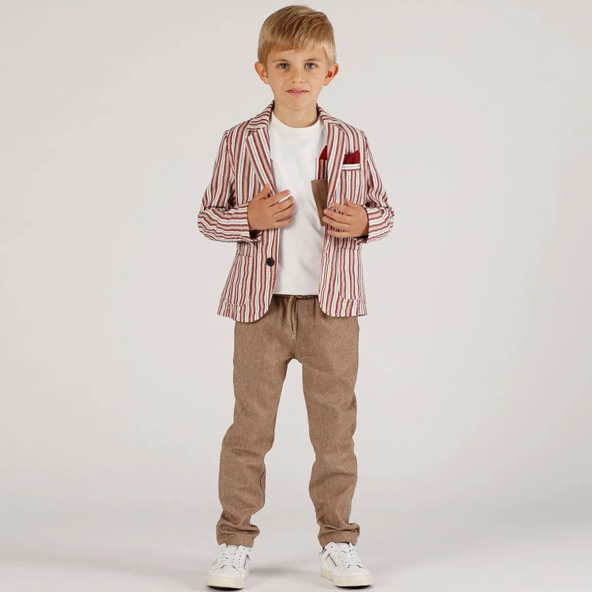 Giacca rigata bambino beige bordeaux