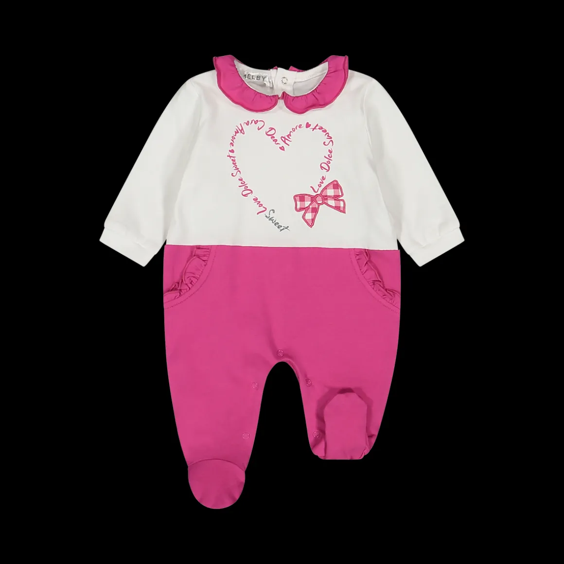 Tutina in jersey bianco e fucsia da neonata